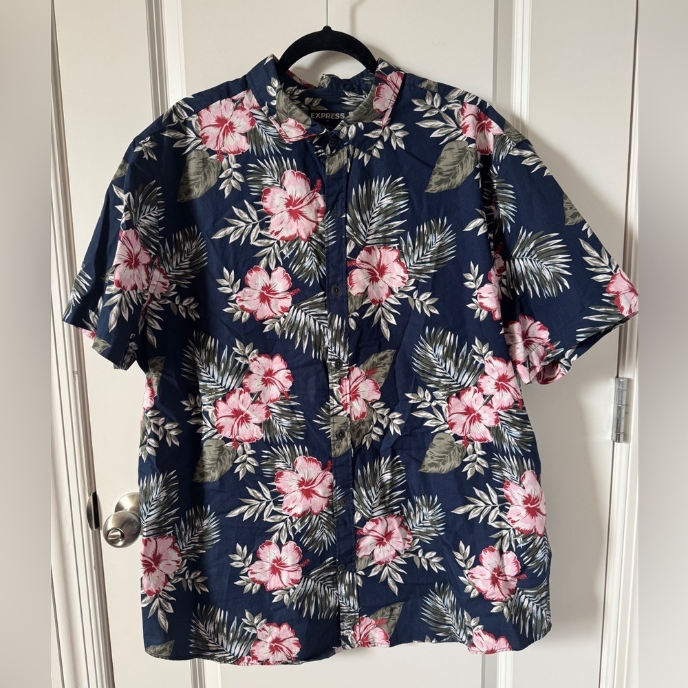 Express Men's Blue and Pink Floral Button Down Shirt XXL